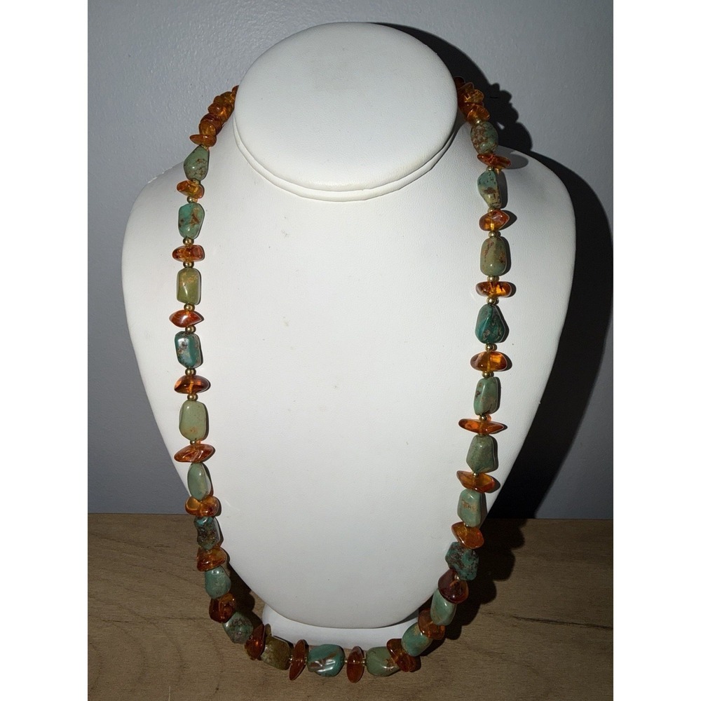 VINTAGE OLD TURQUOISE  BALTIC AMBER‎ BEADED NECKLACE WESTERN NAVAJO